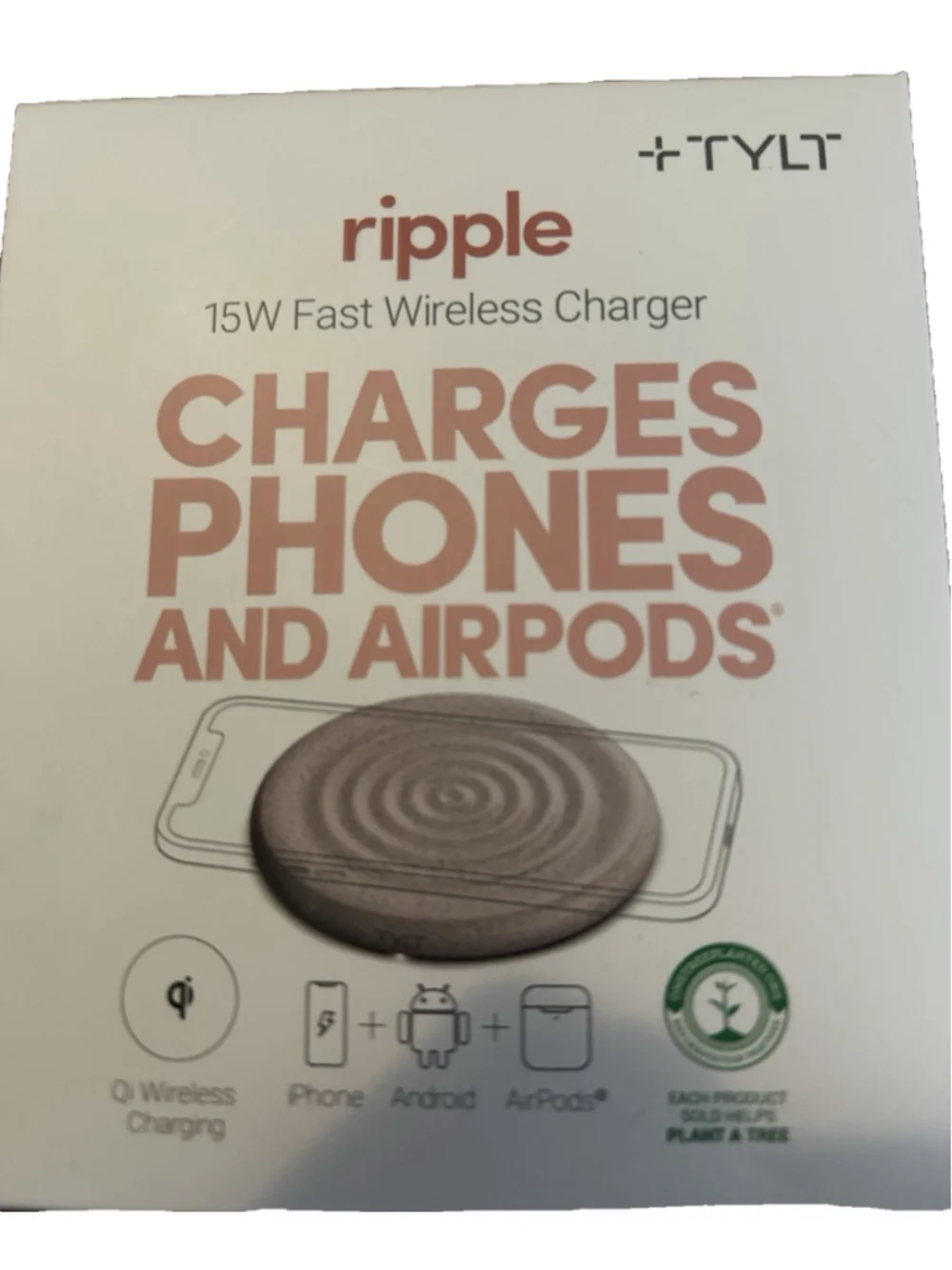 Ripple TYLT 15W Fast Qi Wireless Charger For iPhone, Android and AirPods Grey